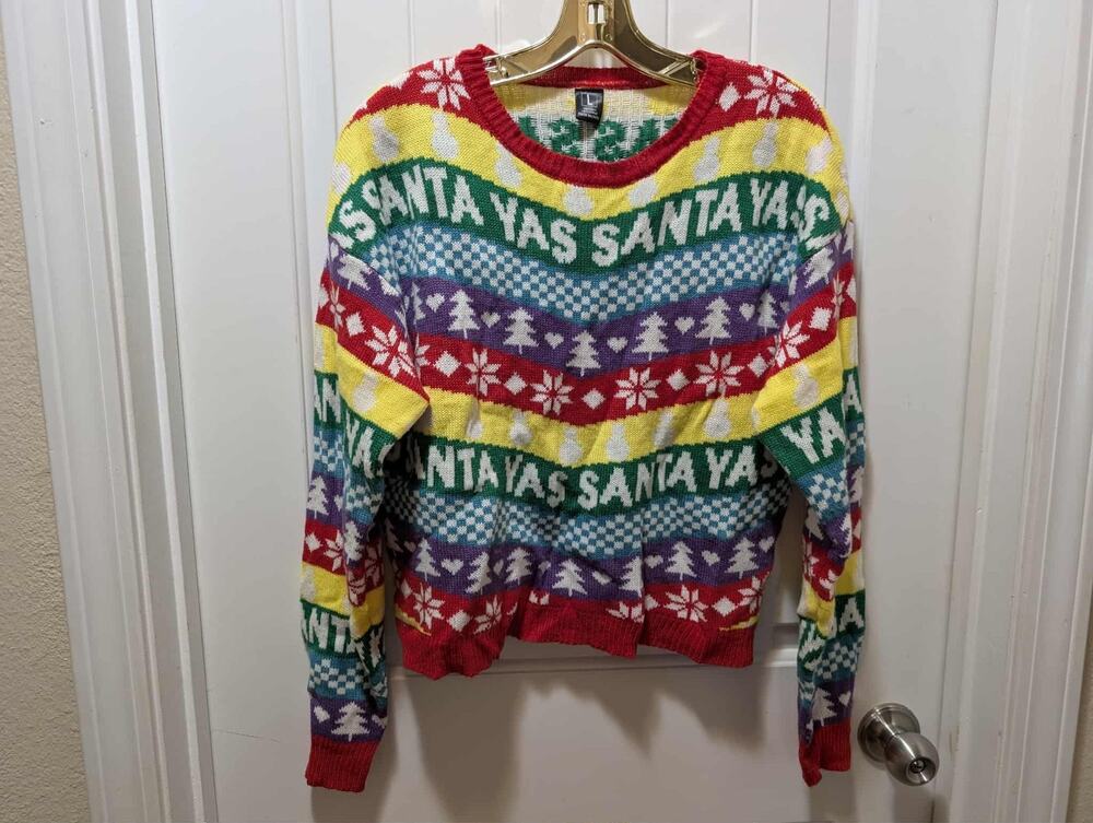 Joyland Christmas Yas Santa Sweater Rainbow Fair Isle Long Holiday Pullover Sz L